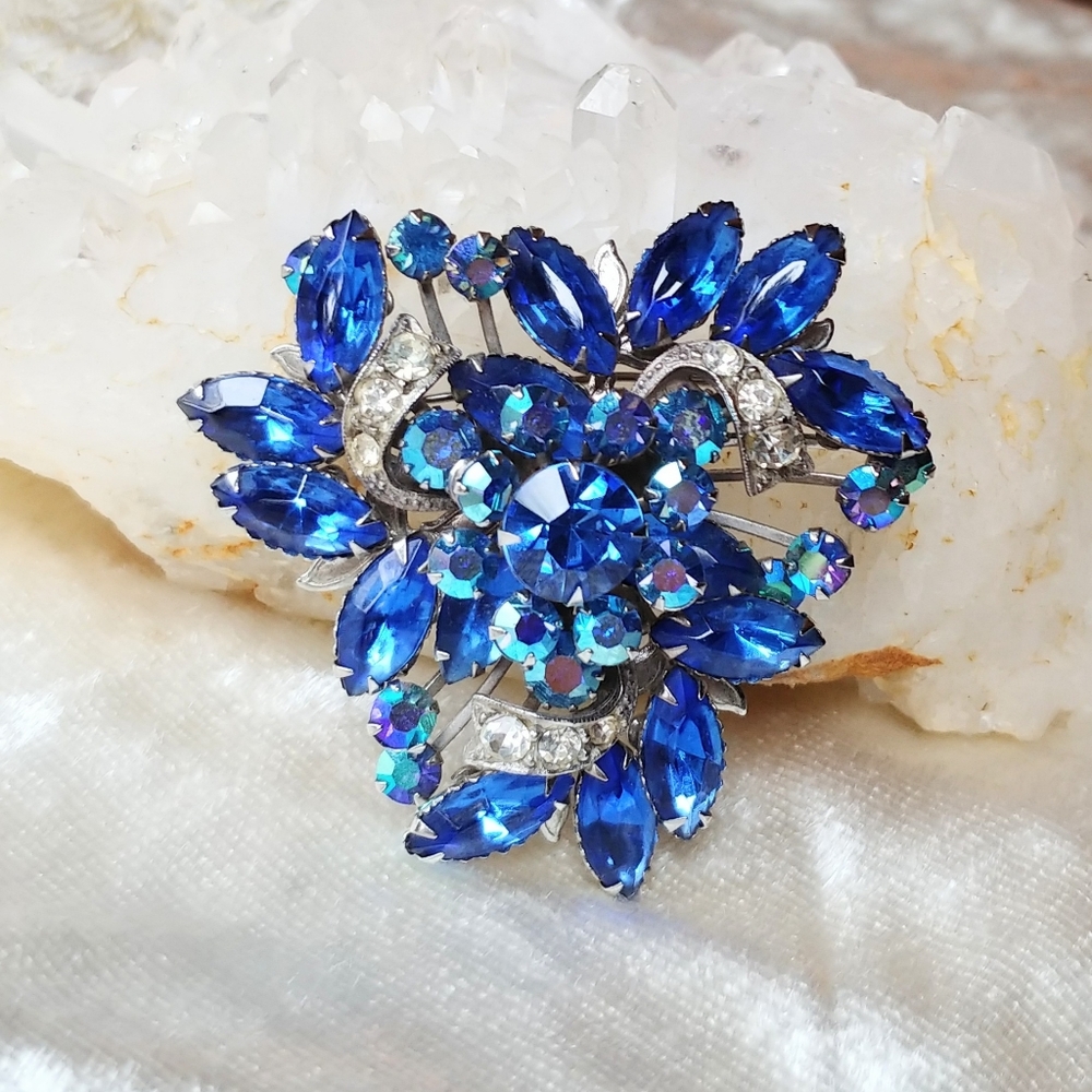 Spectacular Large Vintage Royal Blue Bouquet Prong-set Rhinestone Brooch Pin